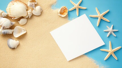 Seashells and starfish on sandy beach with blank card background