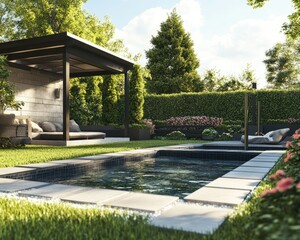 Modern Backyard Oasis Featuring Pool and Pavilion