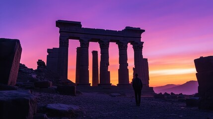 Silhouette of a person at ancient ruins at sunset, showcasing the majestic columns against a vibrant purple and orange sky.