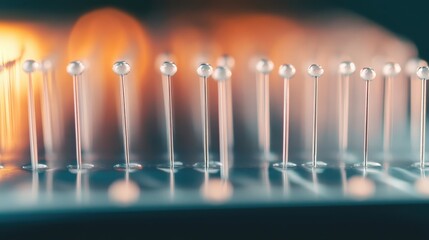 acupuncture needles lined up on a tray, ready for use.