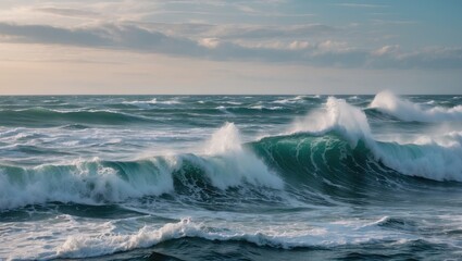 Fototapeta premium Dynamic Ocean Waves Under Morning Sky With Tranquil Atmosphere And Space For Overlay Text