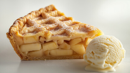 A slice of apple pie with a scoop of vanilla ice cream isolated on a white background,