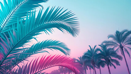Tropical Summer Paradise Background with Vibrant Pink and Blue Palm Leaves, Serene Ocean Sunset, Dreamy Sky Gradient, Exotic Vacation Vibes, and a Relaxing Beach Atmosphere for Travel, Holidays