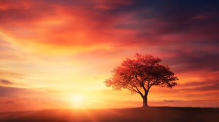 Obraz premium Solitary tree silhouetted against vibrant sunset sky on peaceful hilltop