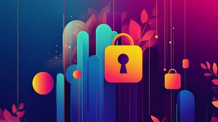 A vibrant abstract illustration featuring locks and shapes, showcasing themes of security and privacy in a colorful digital setting.