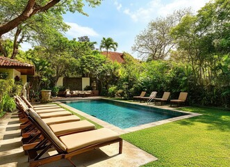 Fototapeta premium Tranquil Poolside Oasis with Lush Tropical Landscaping