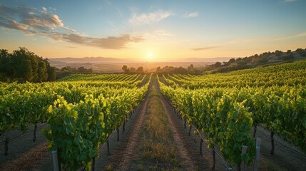 Fototapeta premium A serene sunset over lush green vineyards, casting golden hues and creating a peaceful ambiance in the countryside.