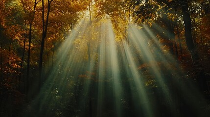 Sunbeams penetrating autumn forest with golden foliage