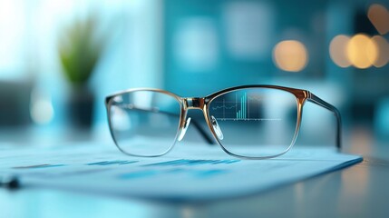 Financial sustainability budgeting management. A close-up of stylish eyeglasses resting on a document, set against a blurred, modern background with soft lighting.