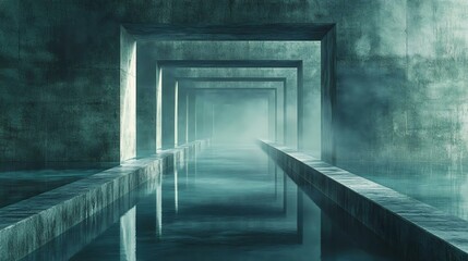 A mesmerizing view of an ethereal passageway with water, fog, and geometric concrete structures creating a surreal atmosphere.