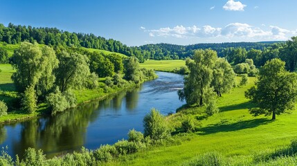 Fototapeta premium Serene river winding through lush green countryside under clear blue sky