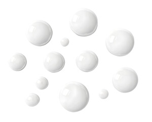 Abstract image of various sized white spheres on a transparent background.  The spheres have a glossy appearance, PNG