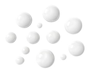 Abstract image of various sized white spheres on a transparent background.  The spheres have a glossy appearance, PNG