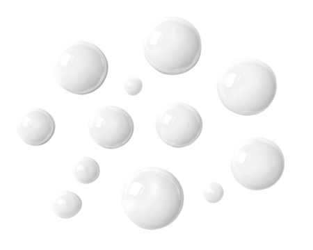 Abstract image of various sized white spheres on a transparent background.  The spheres have a glossy appearance, PNG