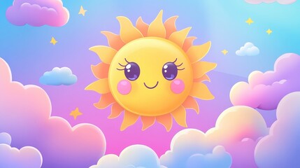 Fototapeta premium A cheerful, cartoon-style sun with a smiling face, surrounded by fluffy clouds in a vibrant, pastel sky, radiates positivity and warmth.