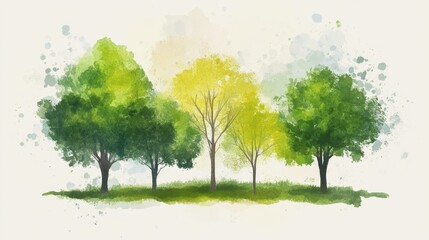 Fototapeta premium A serene watercolor illustration of vibrant green trees with varying shades, symbolizing nature's beauty and seasonal change.