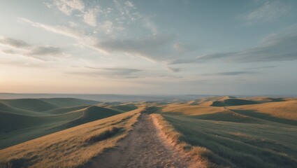 Fototapeta premium Serene Landscape with Rolling Hills at Sunset Featuring Open Space for Text Overlay