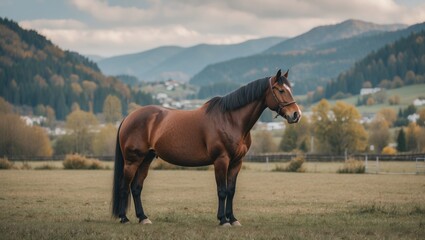 Fototapeta premium Majestic Horse Standing in Serene Landscape with Mountains and Open Pasture Under Dramatic Sky and Ample Space for Text Overlay