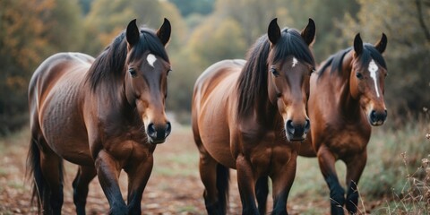 Naklejka premium Horses Walking Through Lush Nature Landscape With Space For Text Overlay In A Serene Outdoor Setting