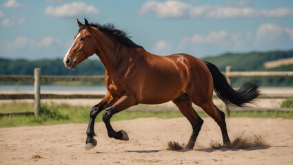 Energetic Horse Galloping Through Sandy Paddock Under Blue Sky in Summer Showing Motion and Playfulness in Outdoor Nature Setting