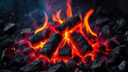 Glowing Hot Coals with Vibrant Flames in Dark Ashes Creating a Rustic Atmosphere Ideal for Heat and Fire Themes with Space for Text