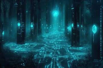 abstract technological landscape with glowing circuit pathways, deep blue and cyan, matrix-like grid