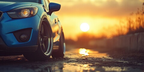 Naklejka premium Sparkling water droplets glisten on a sleek blue car with black rims, elegantly angled to the left, capturing the vibrant morning light