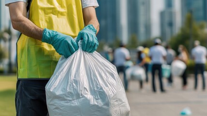Obraz premium Volunteers clean up a park, collecting trash in bags as part of a community service effort to promote environmental awareness.