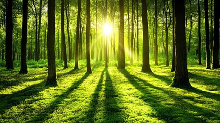 Fototapeta premium Sunlight streaming through lush green forest with tall trees and mossy ground