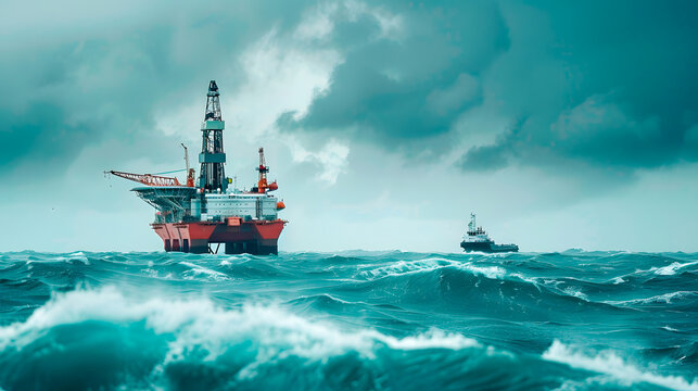 Dramatic stormy seas and oil rig: navigating energy challenges and rough waters