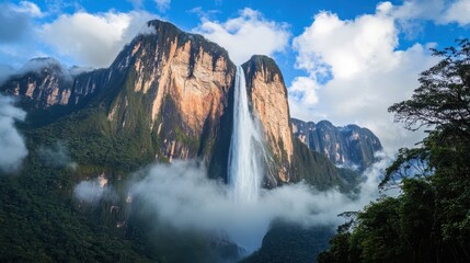 Breathtaking view of a majestic waterfall cascading down a towering cliff amidst lush green foliage and dramatic clouds.