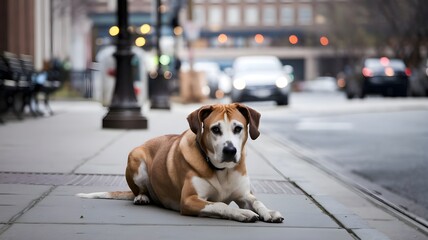 A sad, lonely dog sitting on the street with a dirty coat as a kind volunteer in casual clothing approaches gently with a bowl of water, showing care and compassion in soft lighting.