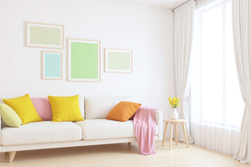 Modern living room white sofa white wall side table pictures