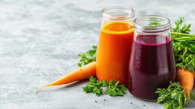Two glass jars of vibrant carrot and beet juice, surrounded by fresh vegetables and greens on a textured gray surface.