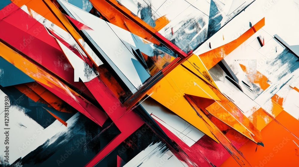 Poster a dynamic composition of sharp triangles and rectangles layered over each other, creating an edgy, e