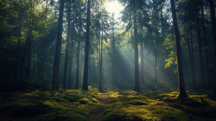 Obraz premium Sunbeams pierce misty forest, illuminating mossy path.