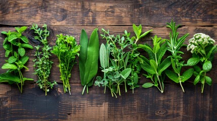 A set of fresh herbs on a wooden surface, perfect for healthy lifestyle blogs, cookery recipes and organic food adverts.