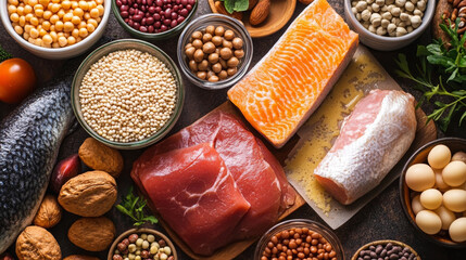 A variety of foods including meat, fish, and vegetables are displayed on a table