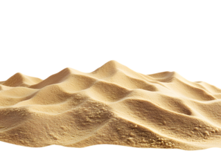 Golden sand dunes isolated on transparent background.  Textured, undulating surface with peaks and valleys.  Natural light illuminates the scene, PNG