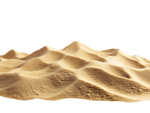 Golden sand dunes isolated on transparent background.  Textured, undulating surface with peaks and valleys.  Natural light illuminates the scene, PNG