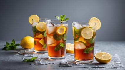 Fototapeta premium Refreshing Iced Tea with Lemon and Mint Garnish in Glasses on a Gray Background with Ice Cubes and Fresh Ingredients