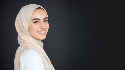 Arabian muslim woman wearing traditional abaya and hijab isolated on black background