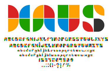 Art deco font, geometric typeface, 80s 90s type, decorative English alphabet featuring colorful, abstract shapes in each letter number and punctuation sign. Vector bold and playful abc characters © Vector Tradition