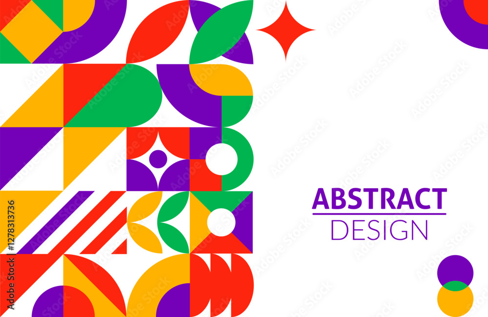 Poster Abstract modern banner with geometric pattern of simple shapes and colors, vector background. Modern trendy or retro futuristic banner with pattern of geometric mosaic shapes and figure elements