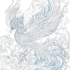Intricate Line Art of a Mythical Phoenix Bird in Flight Amidst Swirling Clouds