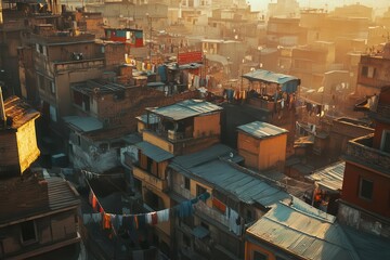 aerial view of densely packed corrugated rooftops stretching to horizon, laundry lines crisscrossing narrow alleys, warm evening light casting long shadows