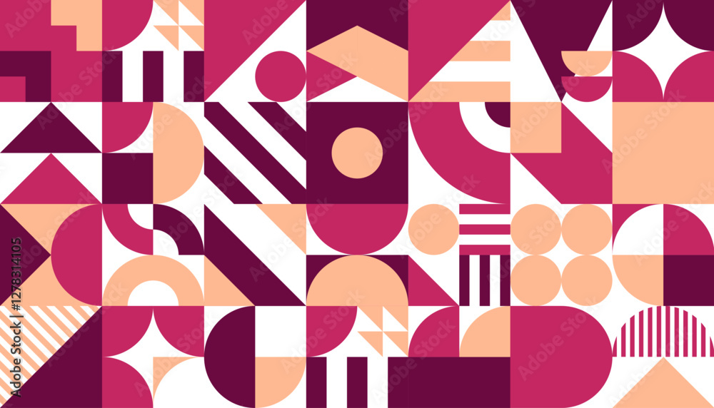 Poster Purple, pink, maroon and white abstract geometric background. Modern art vector graphic pattern of color line, triangle, circle and square shapes mosaic. Abstract geometric pattern for tile or print