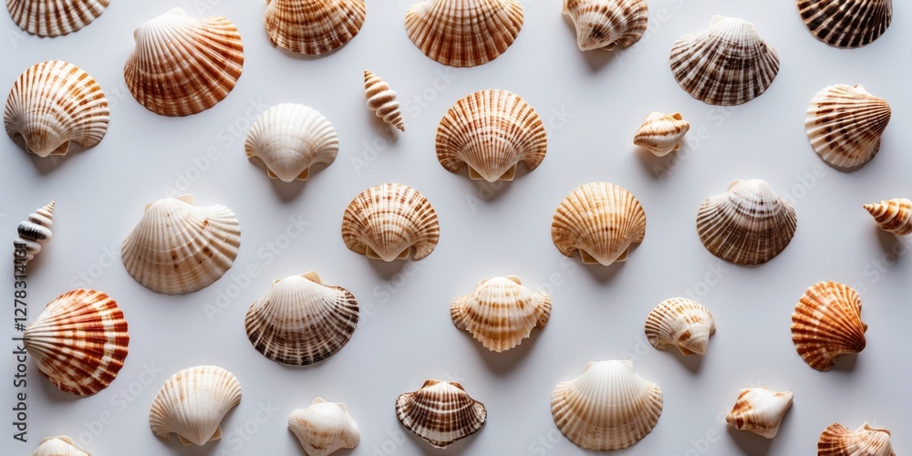 Poster variety of isolated sea shells displayed on a white background with space for text or design element