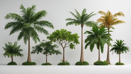 Fototapeta premium Collection of Isolated Tropical Trees on White Background Showcasing Varied Types and Heights for Natural and Botanical Themes