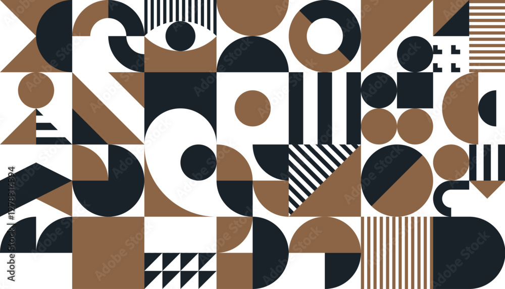 Aufkleber Golden, black and white abstract geometric pattern. Vector background with modern art graphic texture of simple geometry shapes mosaic. Abstract ornament with lines, circles and squares composition